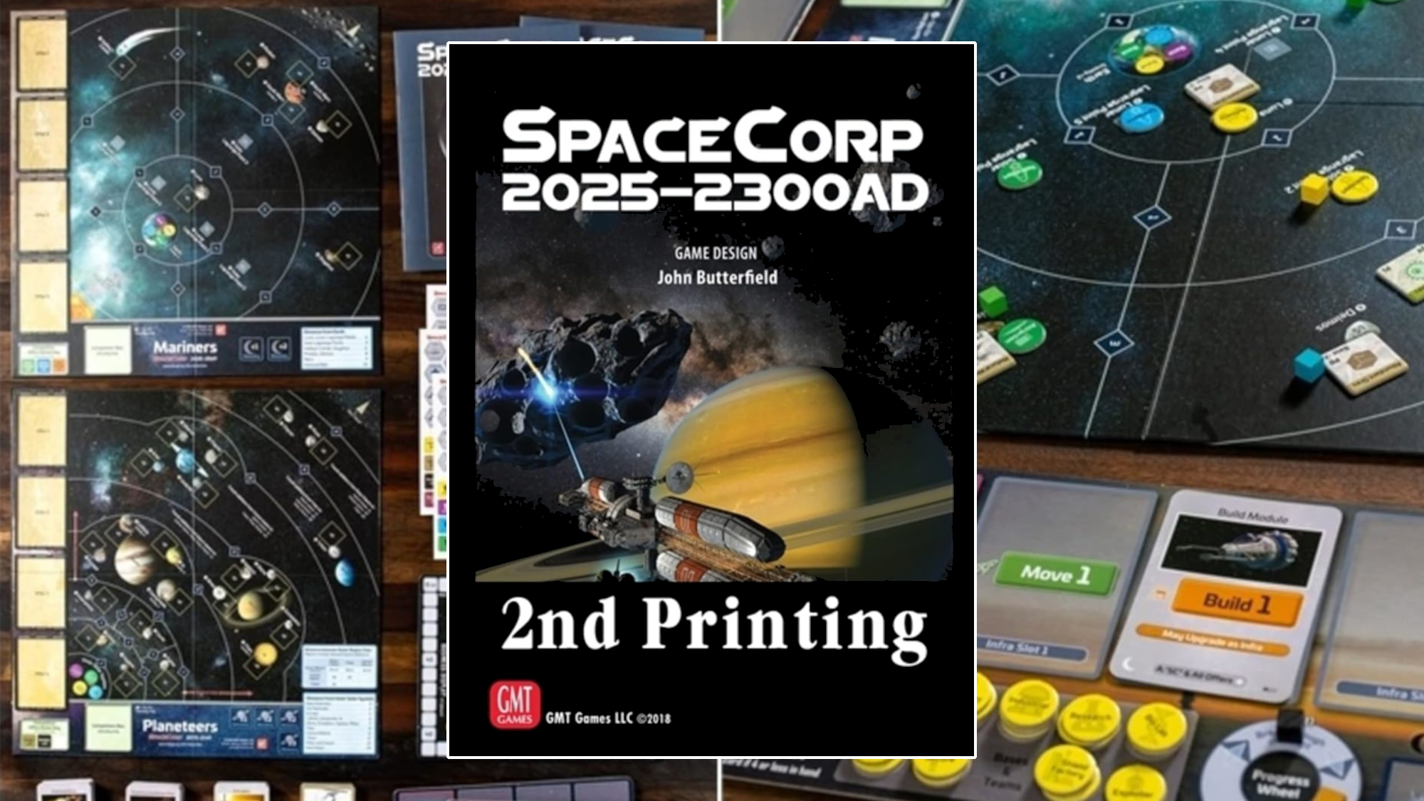 Image showing the cover of the space board game "SpaceCorp 2025-2300 AD" above two images of the game being played.