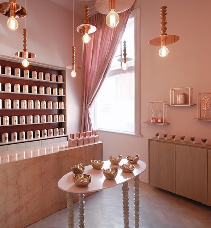 pink and rose gold interior of the Yswara Tea Room in Johannesburg South Africa