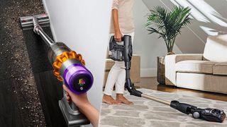 The Shark ION F80 Cord-Free MultiFLEX Cordless Stick Vacuum and the Dyson v15 Detect to demonstrate Shark vs Dyson