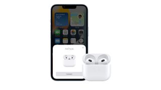 Apple AirPods 3rd gen with iPhone on white background