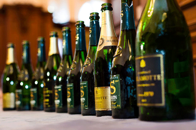 line up of Champagne Delamotte and Salon bottles