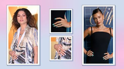 Zendaya and Hailey Bieber are pictured with blue nail trends, with close ups of their manicures/ in a pink and blue template