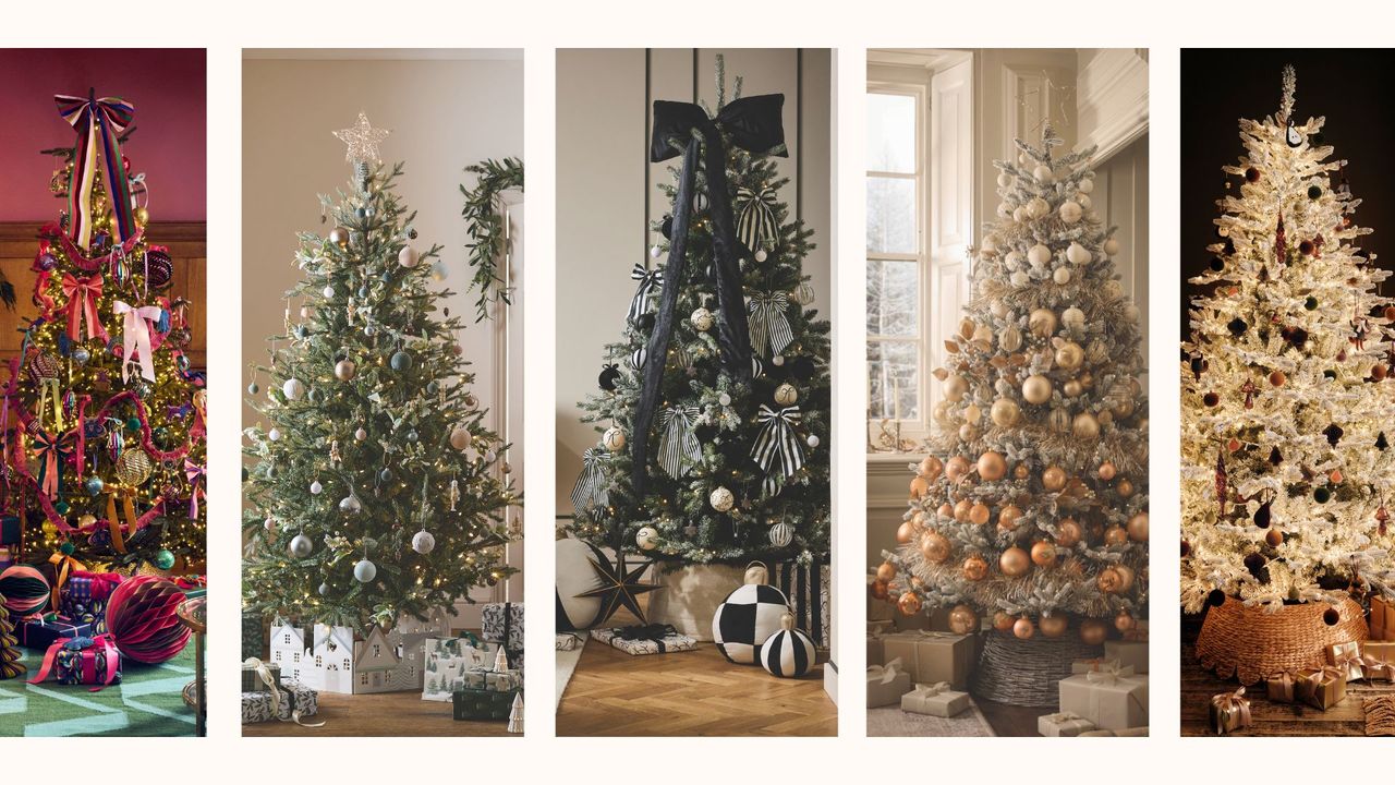 Collage of five different Christmas tree themes and trends for 2025
