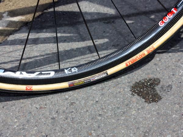 This Katusha rider used a relatively small 23mm-wide Vredestein tire but one with an ultra supple-riding silk casing.