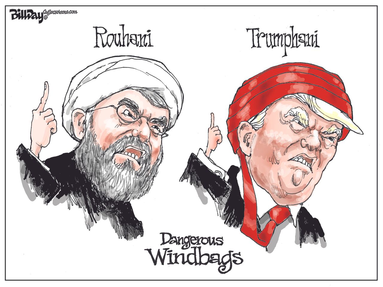 Political cartoon U.S. Trump Rouhani tweets