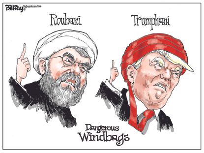 Political cartoon U.S. Trump Rouhani tweets