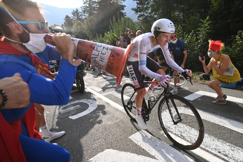 Tadej Pogacar of UAE Team Emirates wearing the white jersey for best young rider pictured in action during stage 20 of the 107th edition of the Tour de France cycling race a 362km individual time trial from Lure to La Planche des Belles Filles in France Saturday 19 September 2020 This years Tour de France was postponed due to the worldwide Covid19 pandemic The 2020 race starts in Nice on Saturday 29 August and ends on 20 September BELGA PHOTO DAVID STOCKMAN Photo by DAVID STOCKMANBELGA MAGAFP via Getty Images