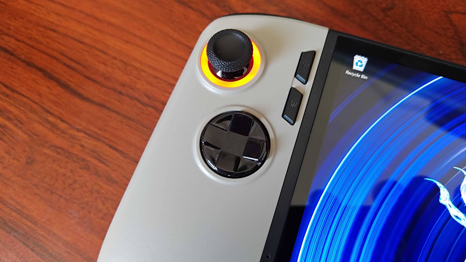 Close up of MSI Claw 8 AI+ thumbstick and d-pad