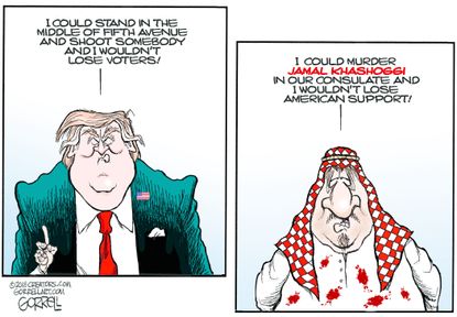 Political cartoon U.S. Trump voters Mohammed bin Salman Jamaal Khashoggi murder American support