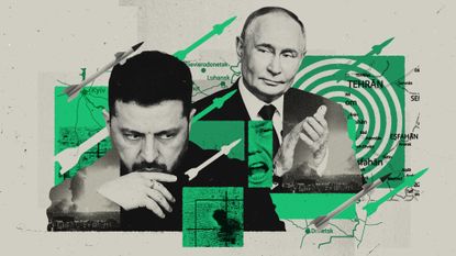 Photo composite illustration of Volodymyr Zelenskyy, Vladimir Putin, Donald Trump, maps of Iran and Ukraine, missiles and scenes of explosions in Tehran