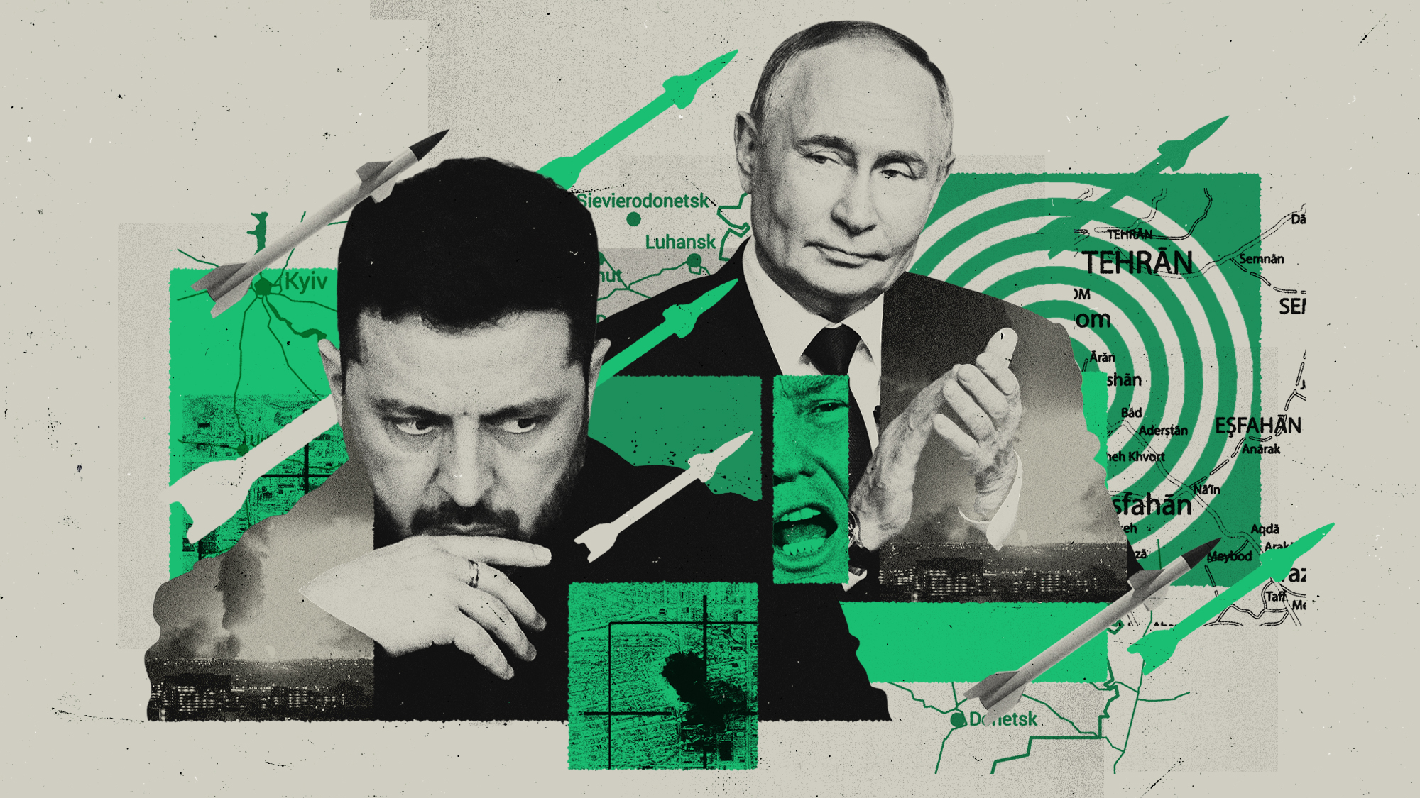 Photo composite illustration of Volodymyr Zelenskyy, Vladimir Putin, Donald Trump, maps of Iran and Ukraine, missiles and scenes of explosions in Tehran