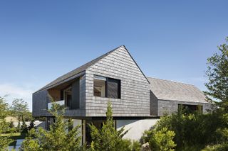 pitched roof on timber clad house in Sagaponack
