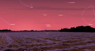June 2024 night sky map showing Mercury sitting just below Jupiter, the two are surrounded by an orange circle.