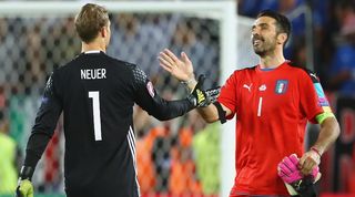 Germany's Manuel Neuer and Italy's Gianluigi Buffon ahead of the penalty shootout between their teams in the quarter-finals of Euro 2016.
