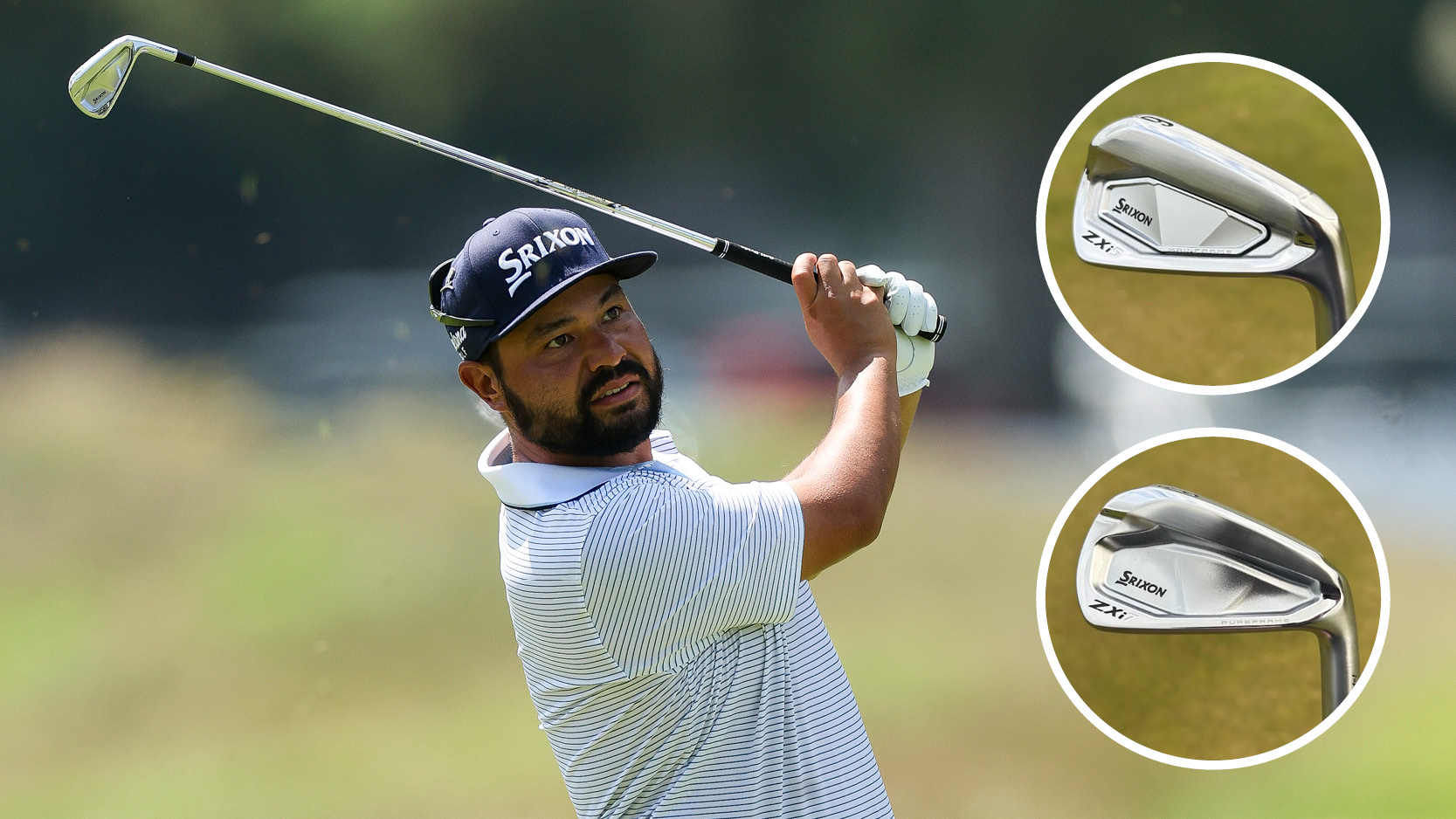 JJ Spaun hits an iron shot with a close up of his irons in circles