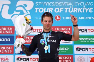 Sam Welsford (Team DSM) celebrates on the podium after winning stage 5 at Presidential Cycling Tour of Turkey