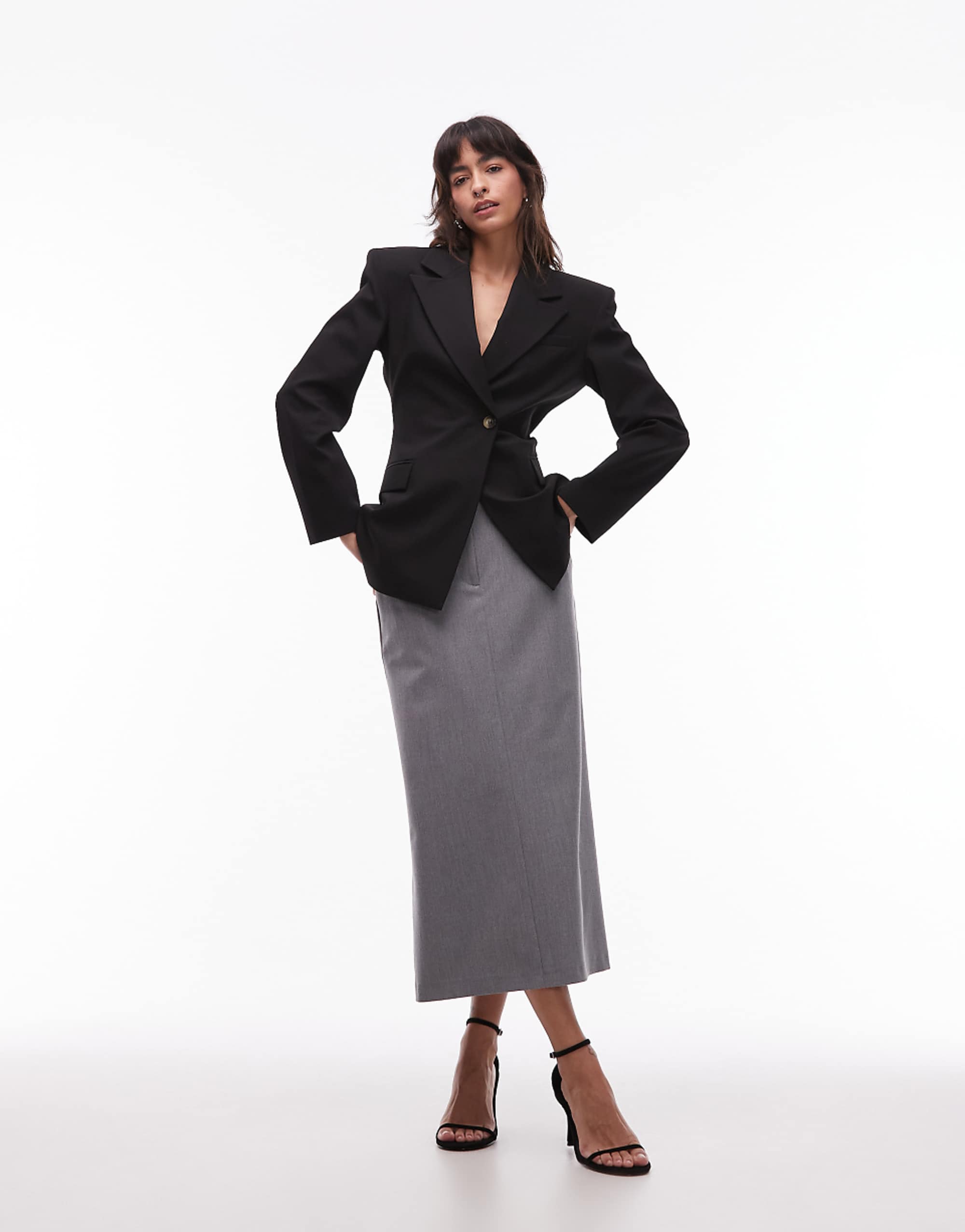 Asos Design Tailored Belted Pencil Midi Skirt in Grey Melange