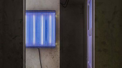 blue murano glass lighting on concrete wall