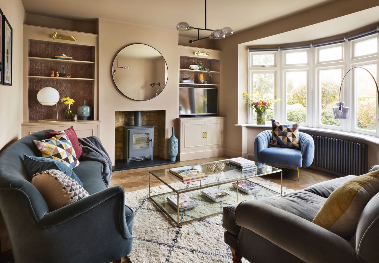 Beige living room with grey sofas