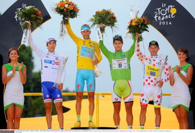 The four jersey wearers all celebrate on the podium