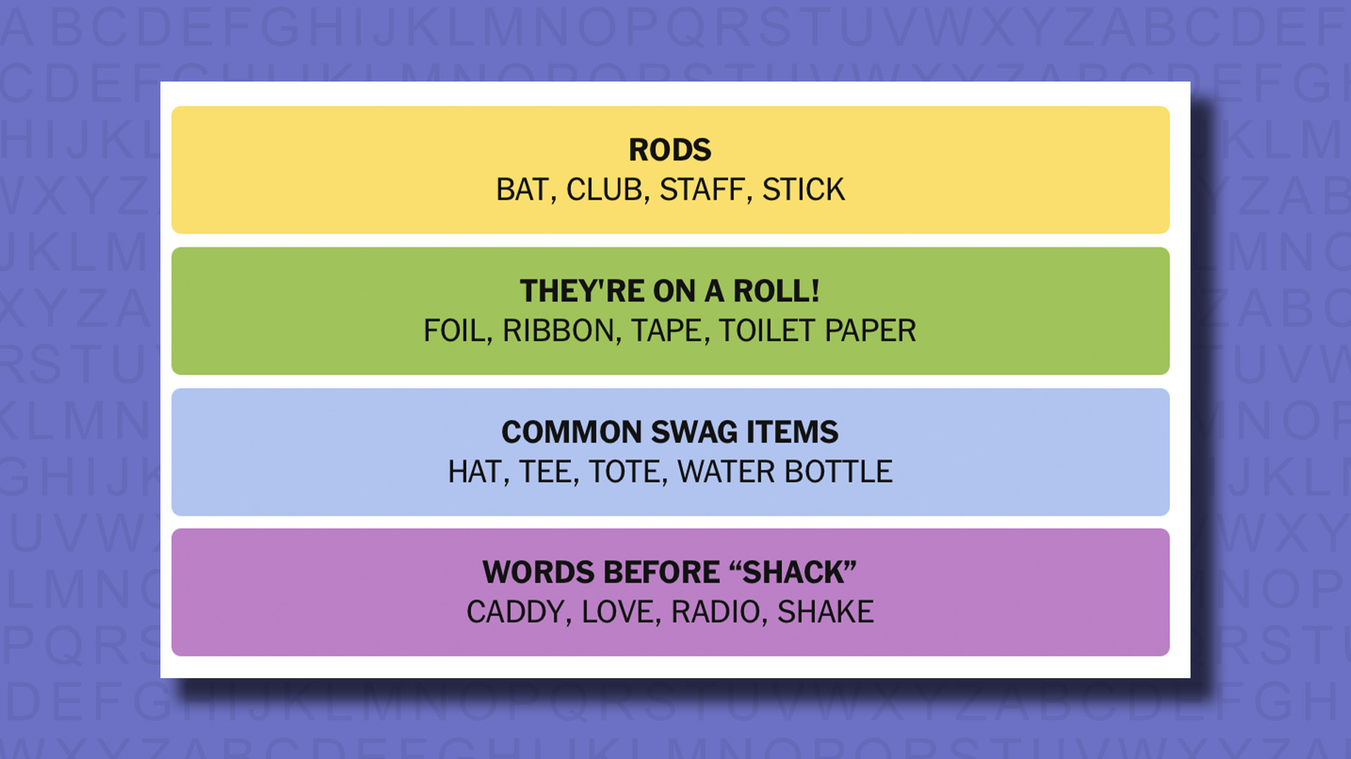 NYT Connections answers for game 719 on a purple background