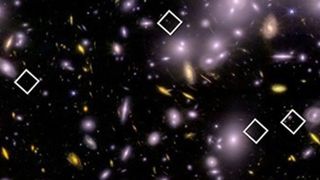 White diamond symbols mark the locations of 20 of the 83 newfound young, low-mass galaxies undergoing intense star formation when the universe was just 800 million years old. Despite their small sizes, these galaxies are powerful sources of ultraviolet radiation, making them strong candidates for helping reionize the early universe.