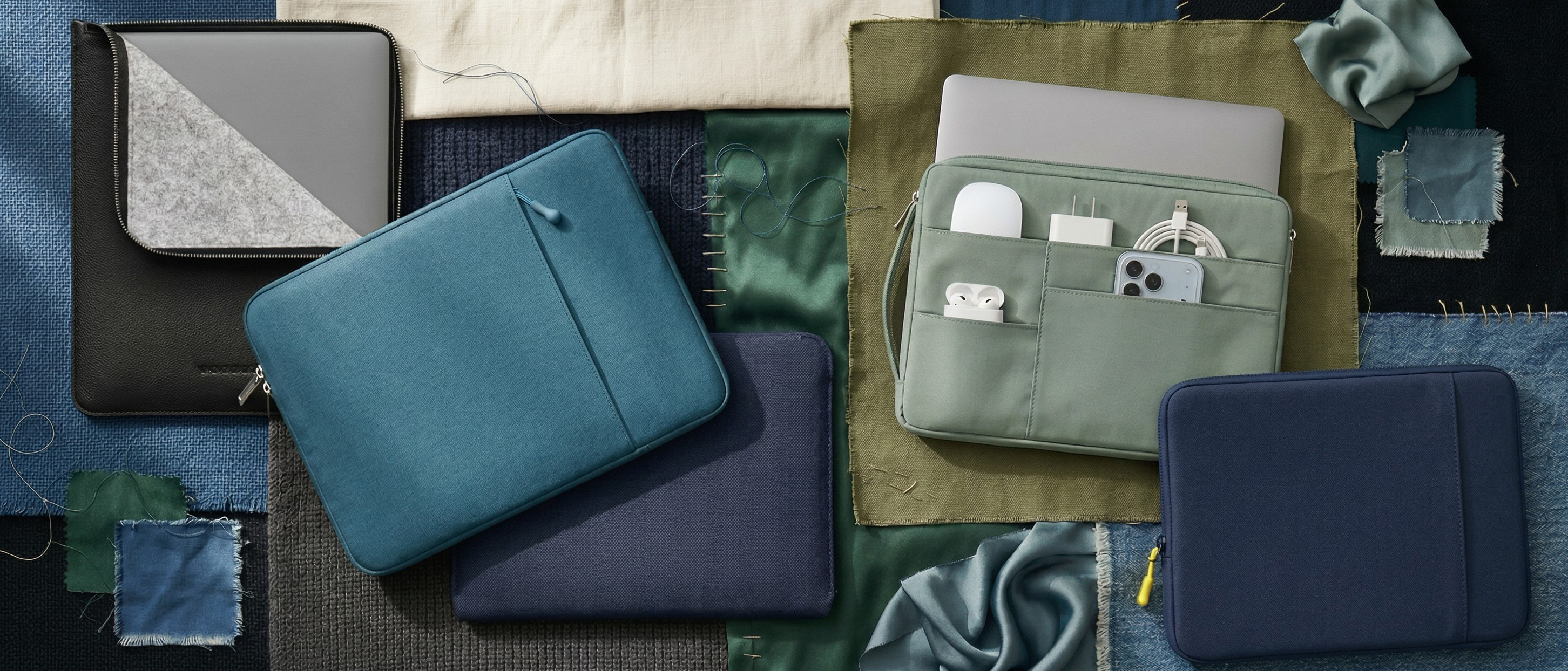 Selection of 15-inch MacBook Air M5 cases on a background of fabrics