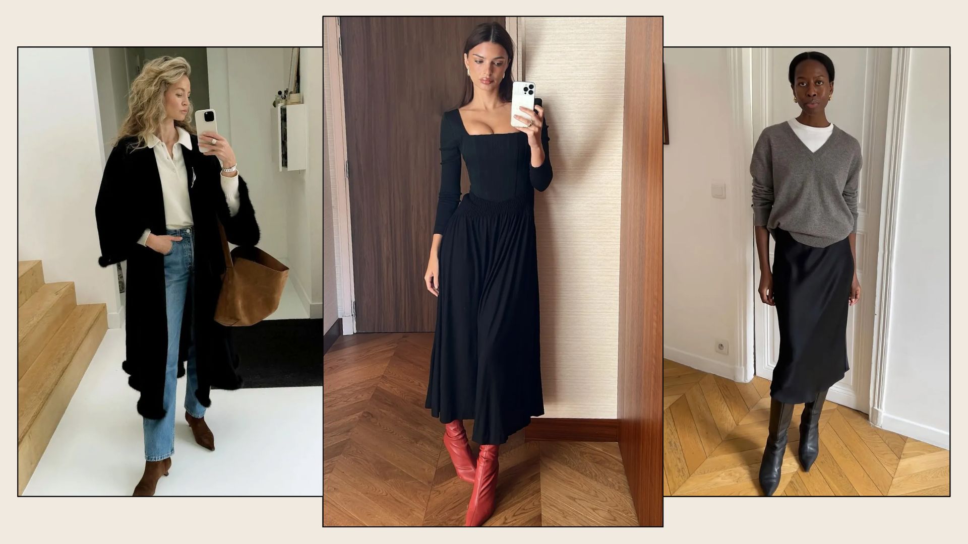 A collage of the best kitten heel boots, as pictured on Emily Ratajkowski. 