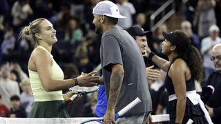 Aryna Sabalenka and Nick Kyrgios during their mixed doubles game in New York at Madison Square Garden.