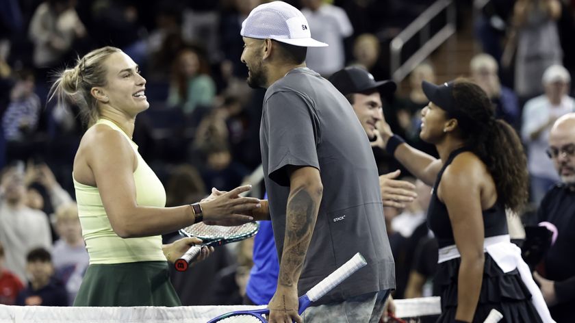 Aryna Sabalenka and Nick Kyrgios during their mixed doubles game in New York at Madison Square Garden.