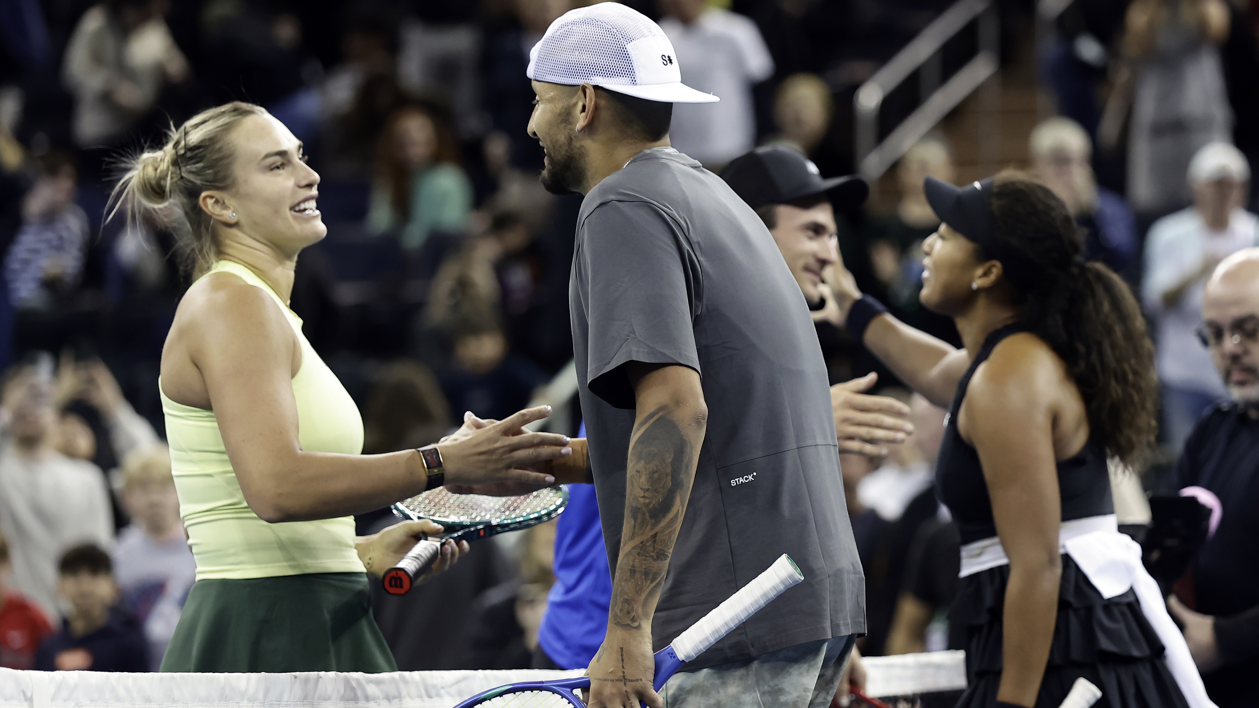 Aryna Sabalenka and Nick Kyrgios during their mixed doubles game in New York at Madison Square Garden.