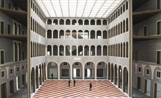 Image of building with red and white stripe marble floor