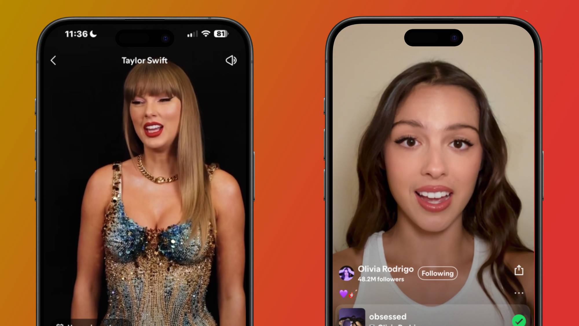 Taylor Swift and Olivia Rodrigo artist messages in the Spotify app