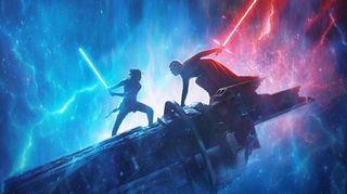 Rey and Ren dual with lightsabers on what appears to be Death Star II wreckage in promotional artwork for "Star Wars: The Rise of SKywalker."