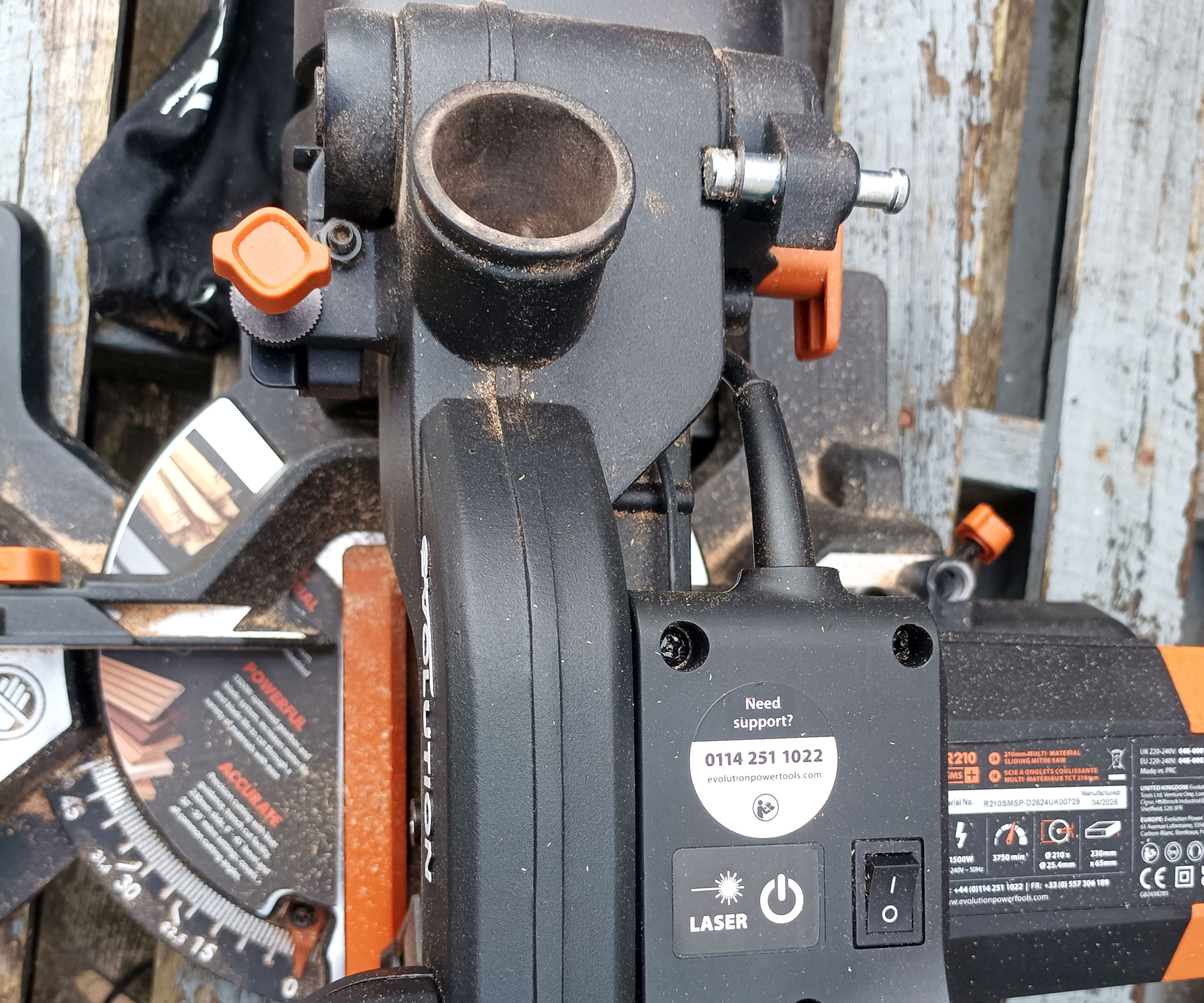 Top down shot of Evolution R210SMS Plus mitre saw including laser switch