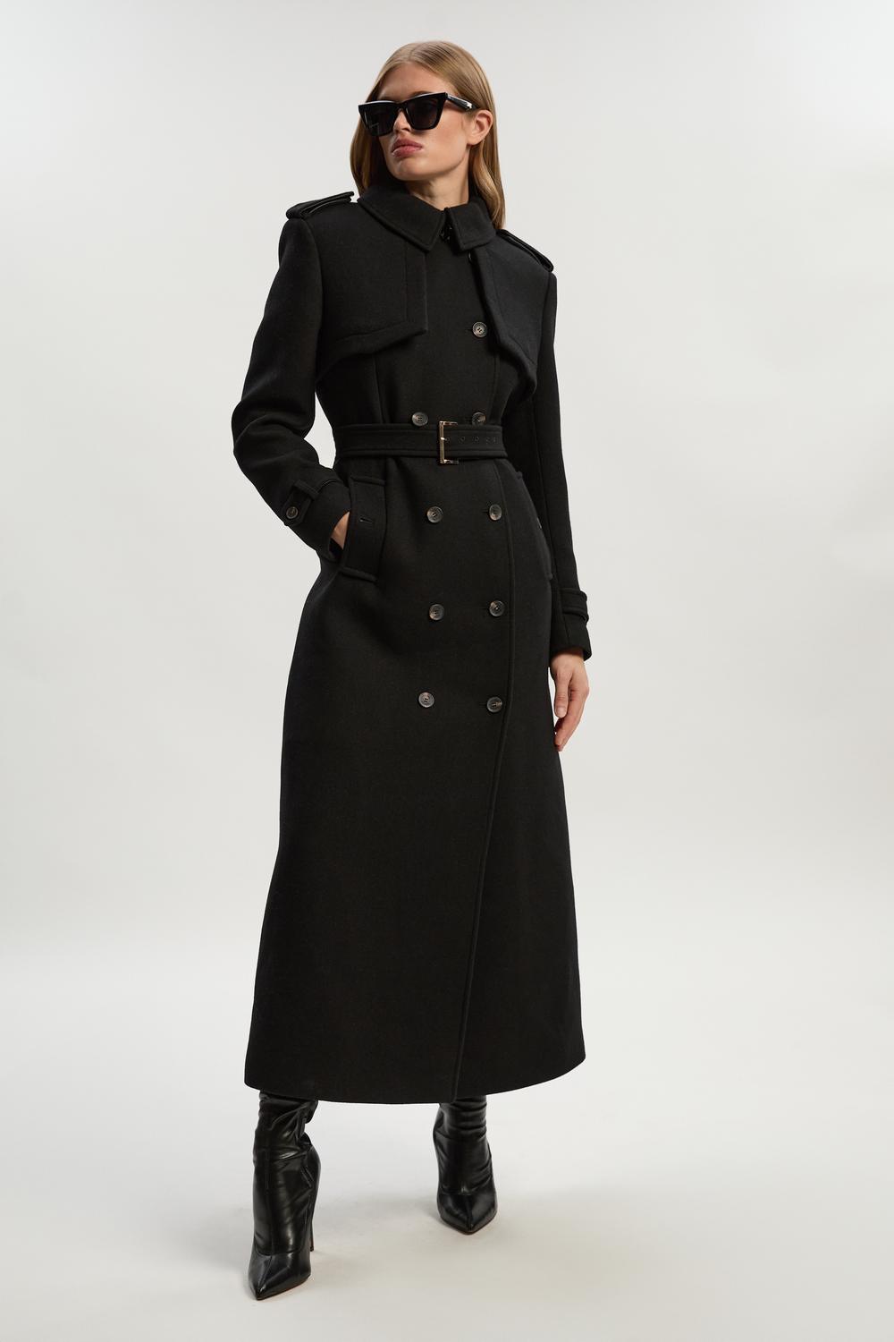 Wool Pu Mix Tailored Belted Trench Maxi Coat