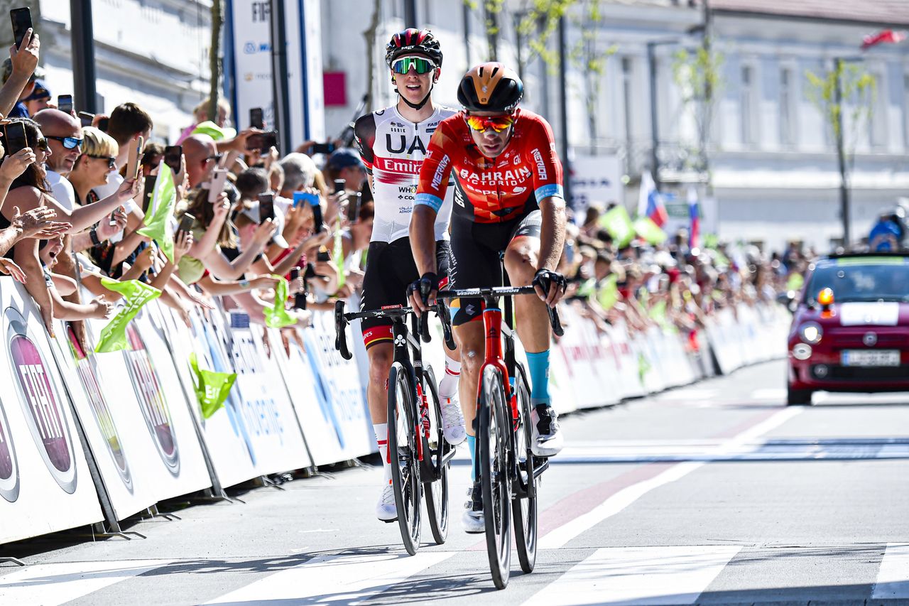 Tour of Slovenia 2022 28th Edition 1st stage Nova Gorica Postojna 1647 km 15062022 Domen Novak SLO Bahrain Victorious Tadej Pogacar SLO UAE Team Emirates photo Tommaso PelagalliSprintCyclingAgency2022