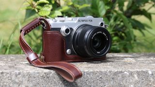 Olympus PEN-F in a leather case on a garden wall