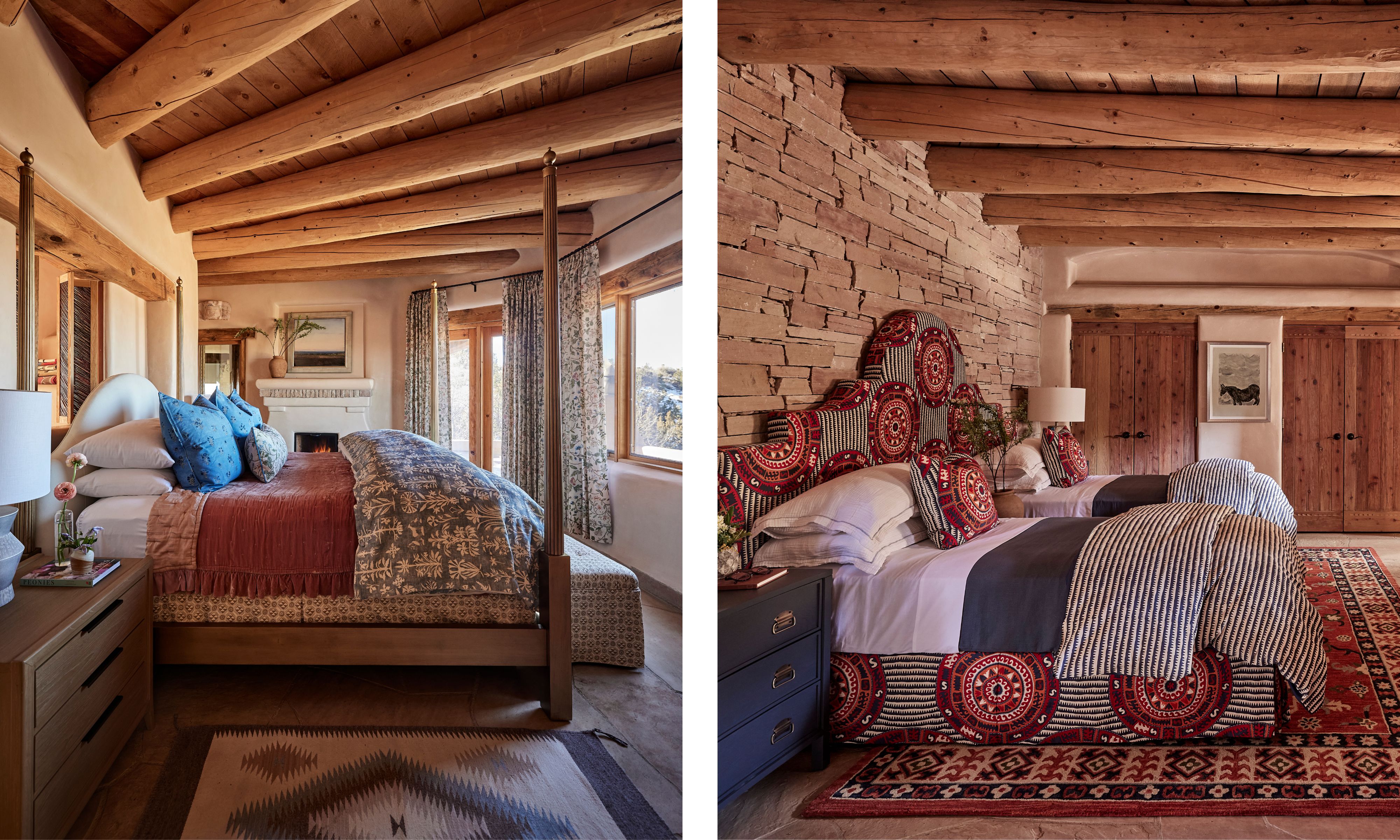 two side by side bedrooms in a rustic Santa Fe home with wooden beamed ceiling and patterned rugs