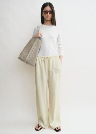 Woven Stripe Drawstring Trousers Ecru