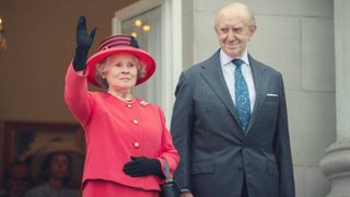 [L-R] Imelda Staunton as Queen Elizabeth II and Jonathan Pryce as Prince Philip, Duke of Edinburgh in The Crown Season 6 on Netflix 