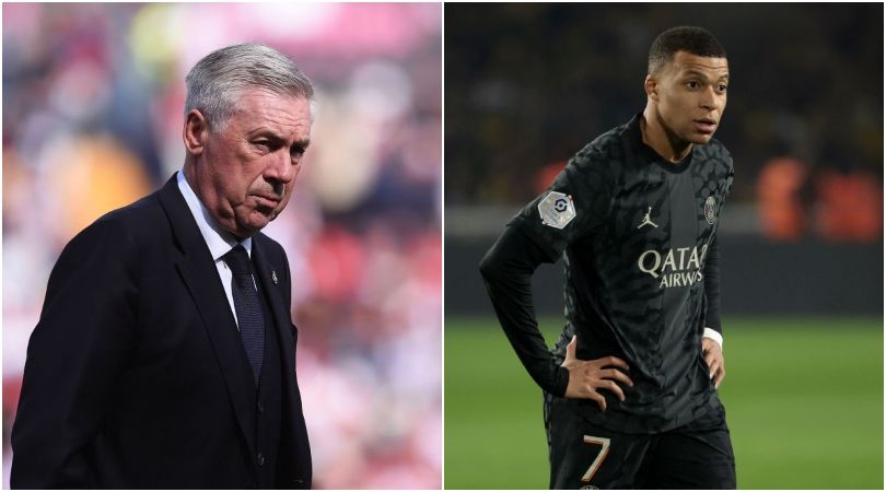 Carlo Ancelotti, Head Coach of Real Madrid looks on during the LaLiga EA Sports match between Rayo Vallecano and Real Madrid CF at Estadio de Vallecas on February 18, 2024 in Madrid, Spain. (Photo by Denis Doyle/Getty Images) and Kylian Mbappe