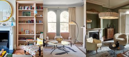 Three examples of lighting trends 2023. Pink living room with decorated shelving, colorful wall light. Living room with curvaceous modern floor lamp beside lounge chair. Cozy living room with seating nook, low hanging oversized chandelier hanging above.