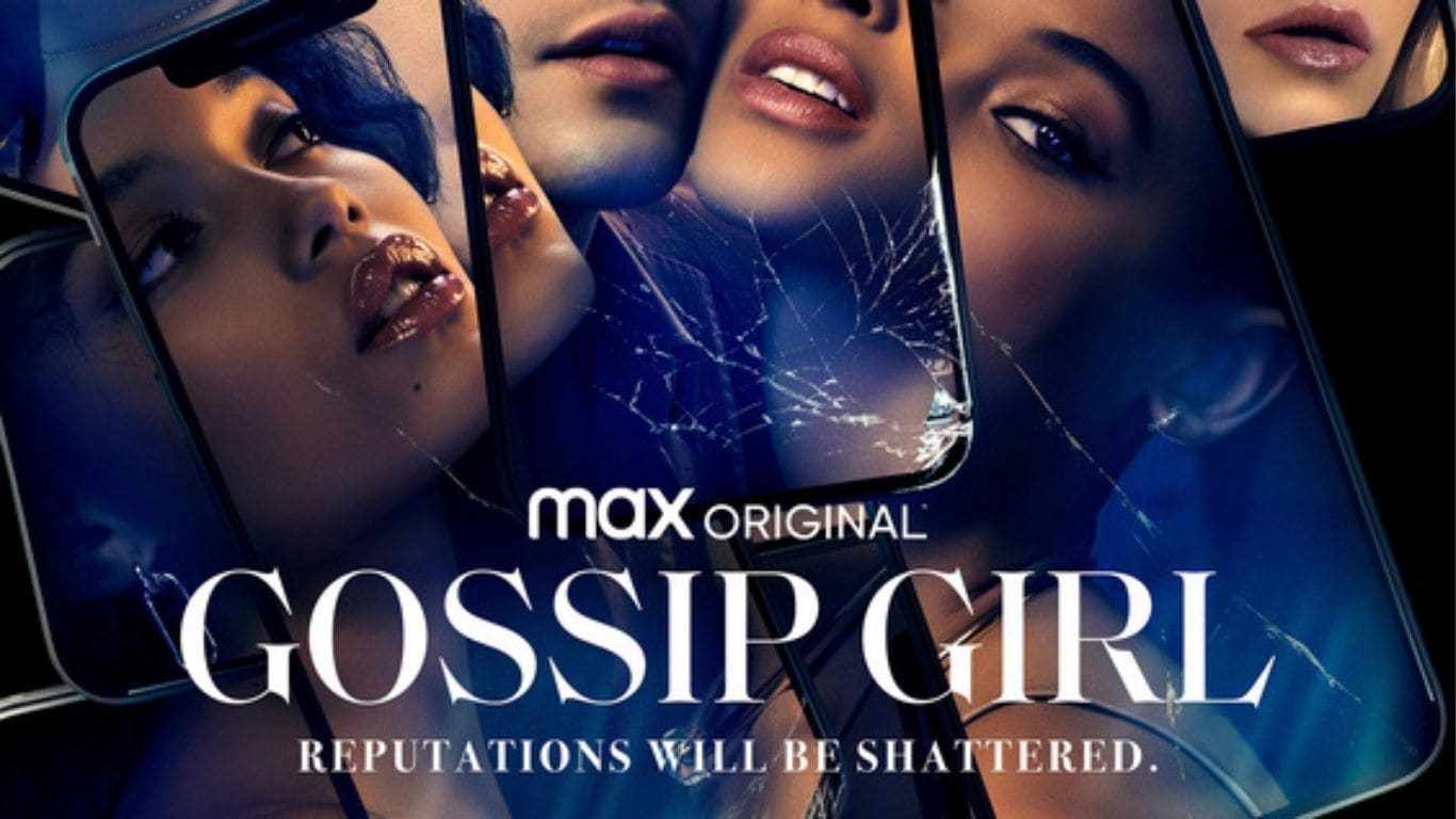 En promobild för HBO Max-serien Gossip Girl som visar bilder på tjejer på krossade mobilskärmar.