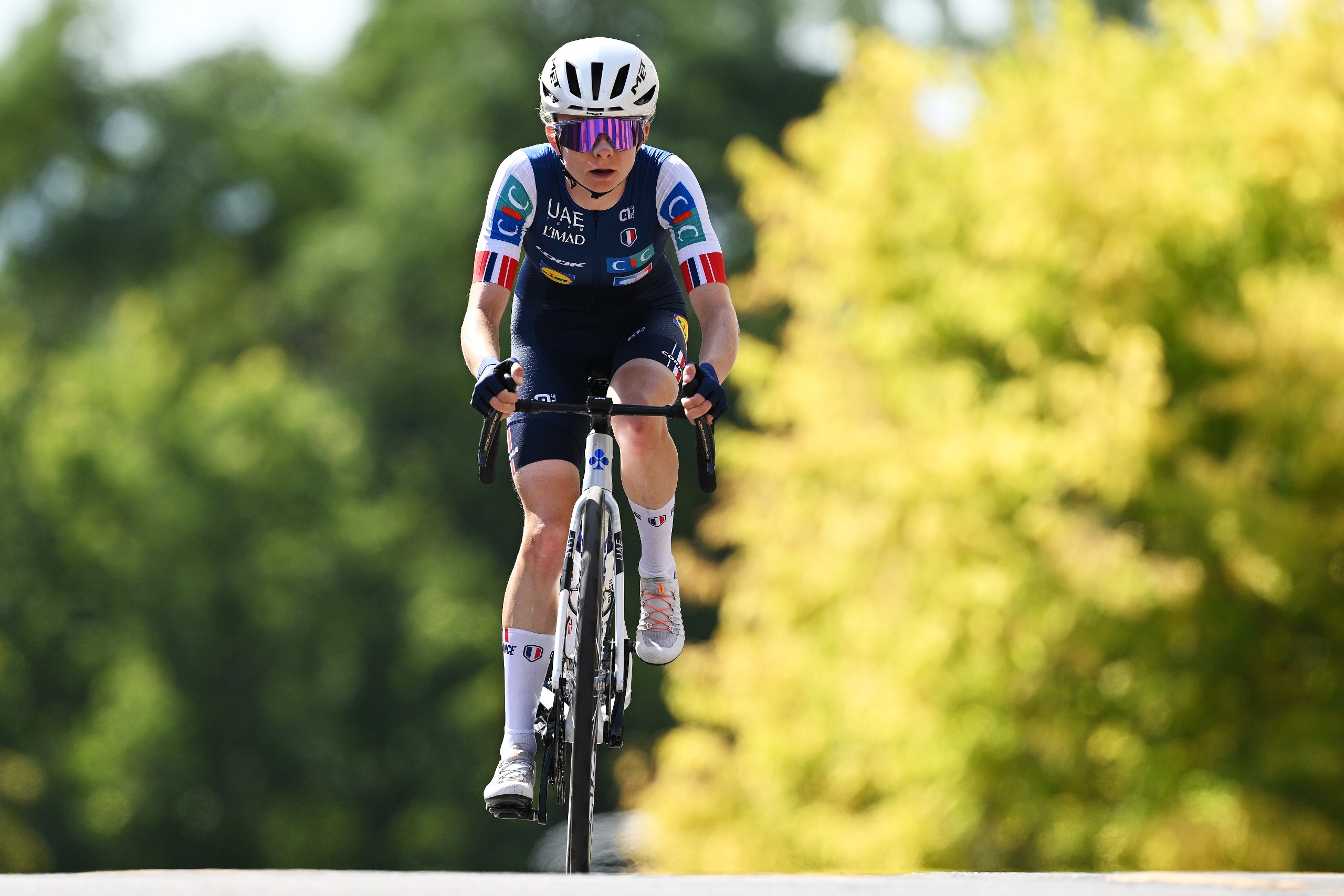 MONTREAL, QUEBEC - SEPTEMBER 26: Maeva Squiban and Team France attacks in the breakaway during the 99th UCI Road World Championships Montreal 2026 - Women Elite Road Race a 180.1km one day race from Brossard to Montreal on September 26, 2026 in Montreal, Quebec. (Photo by Dario Belingheri/Getty Images)