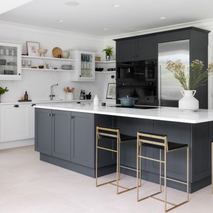 modern kitchen with island unit and bar stools