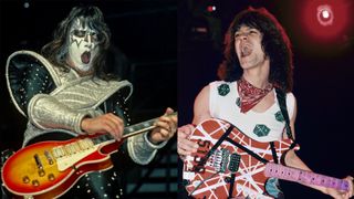 LEFT: Ace Frehley, guitarist for the American rock & roll band Kiss, strikes some chords onstage in full Kiss regalia in 1978. RIGHT: Eddie Van Halen of Van Halen performing at Madison Square Garden in New York City on March 30, 1984.