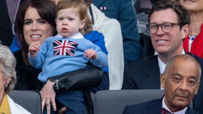 Princess Eugenie and Jack Brooksbank with August Philip Hawke Brooksbank attend the Platinum Pageant on The Mall on June 5, 2022 in London, England. The Platinum Jubilee of Elizabeth II is being celebrated from June 2 to June 5, 2022, in the UK and Commonwealth to mark the 70th anniversary of the accession of Queen Elizabeth II on 6 February 1952.