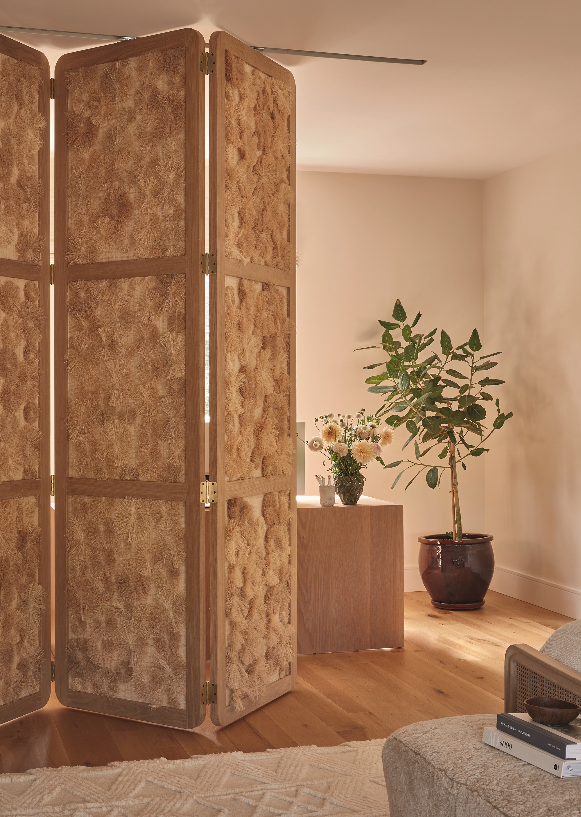 a bedroom with a sliding room divider made from jute, hiding the closet