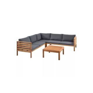Wood frame outdoor sofa with dark grey cushions